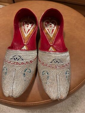 Traditional Embroidered Silver Flats with Red Lining